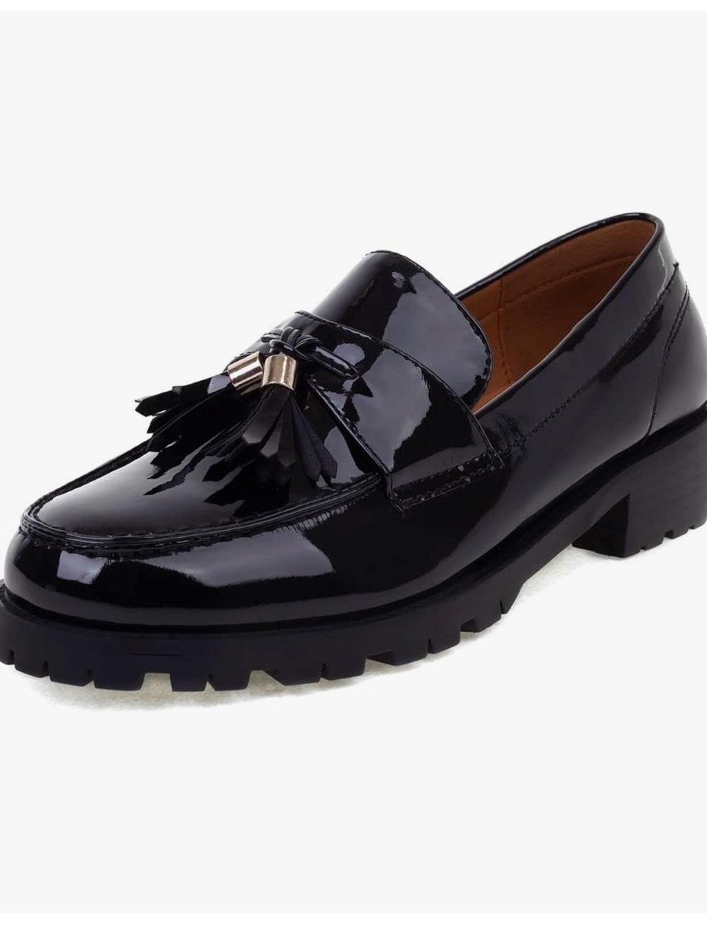 Women's Black Patent Tassel Loafers with Lug Sole